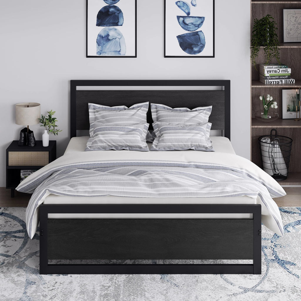 Queen Size Metal Platform Bed Frame with Wooden Headboard Footboard U2878