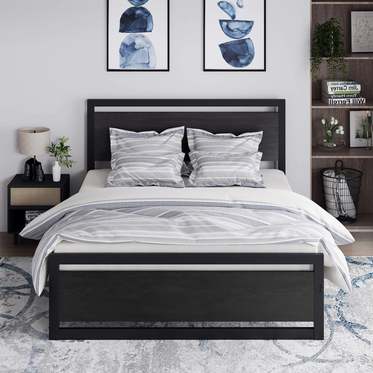 Queen Size Metal Platform Bed Frame with Wooden Headboard Footboard U2878