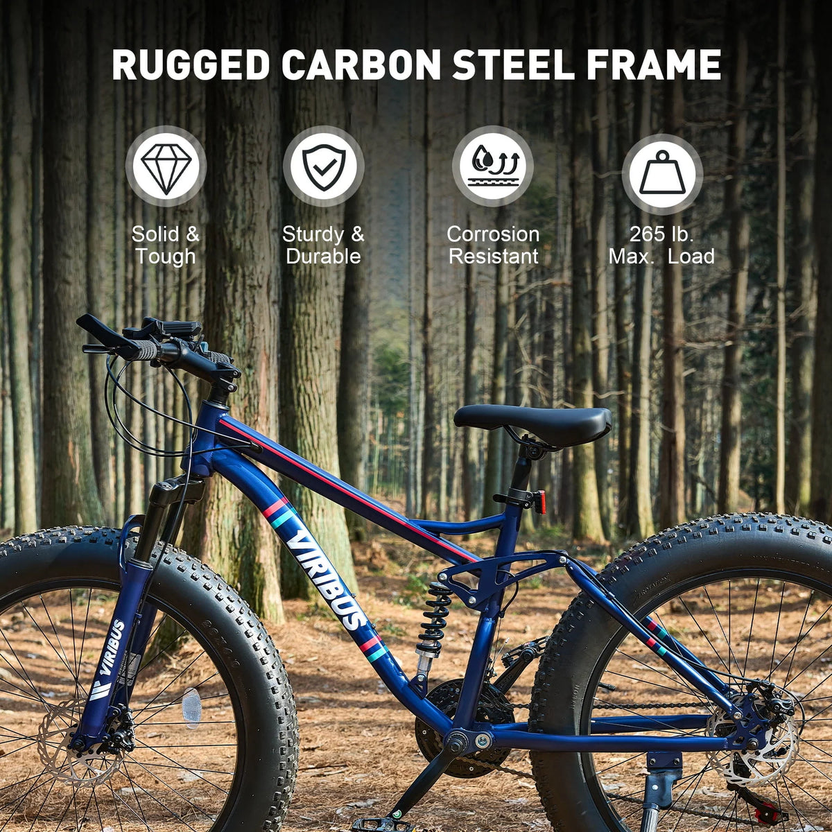 26 Fat Tire Full Suspension Mountain Bike with 21 Speeds Disc Brakes Blue J1055