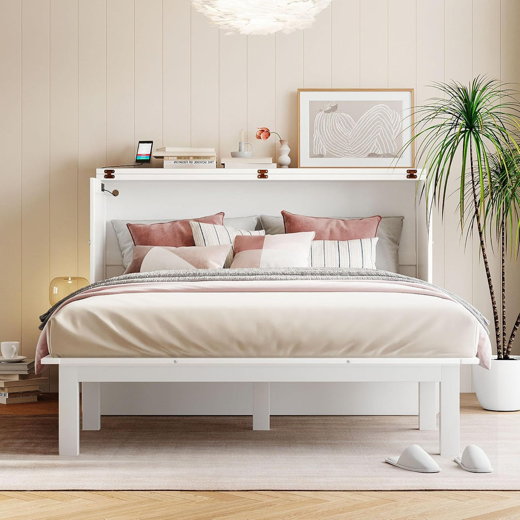 White Queen Size Murphy Bed with Wooden Slat Support T565344