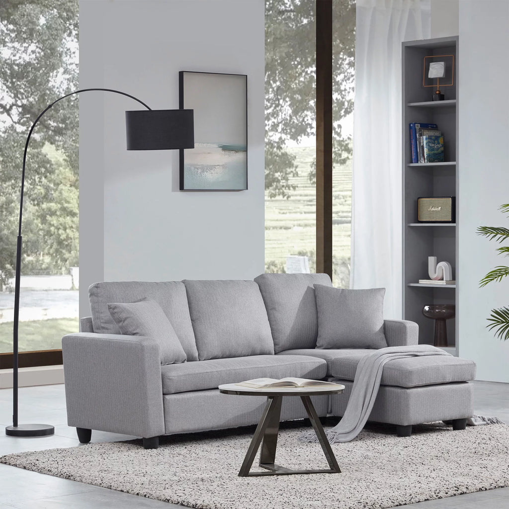 Gray Linen Fabric Convertible Sectional Sofa Q52909
