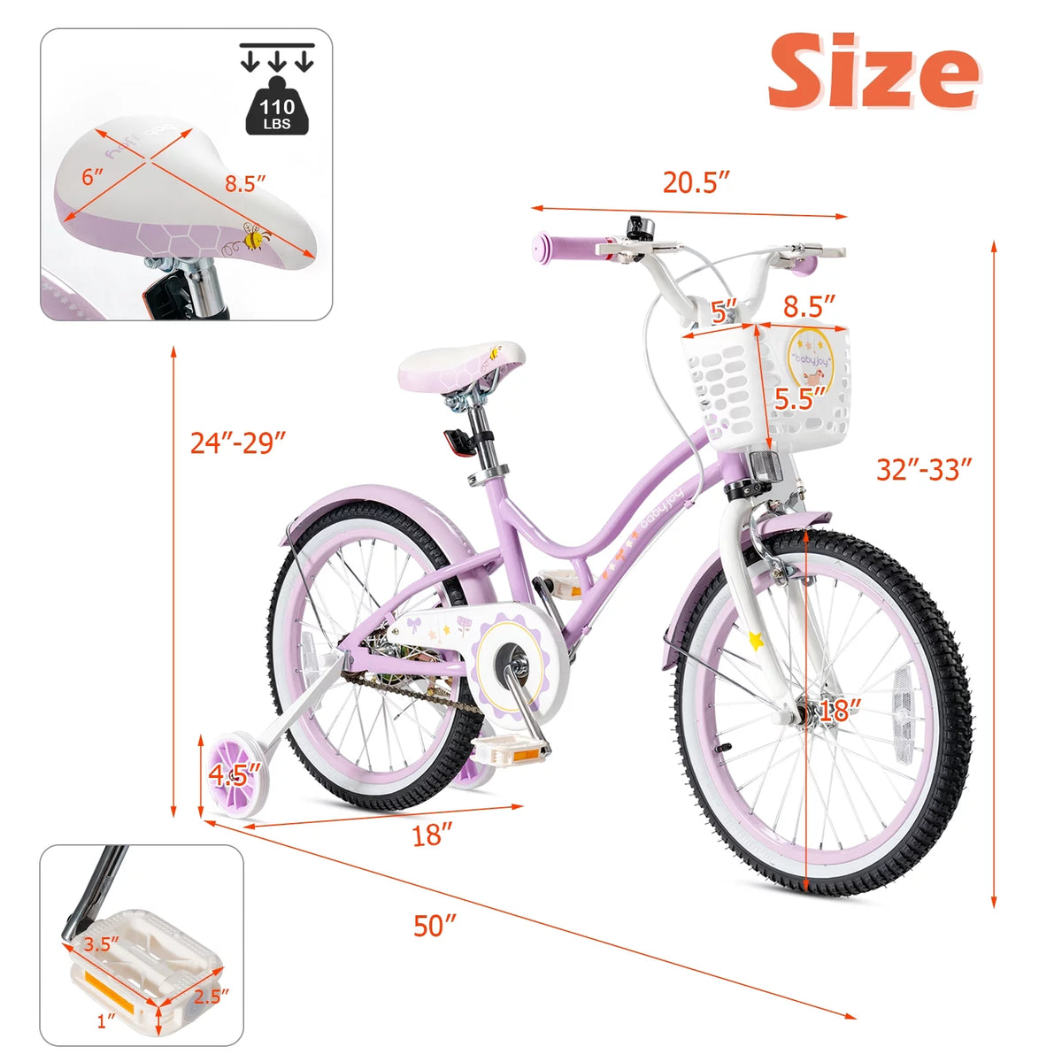 Kids Bike with Removable Training Wheels & Adjustable Seat Purple I63453