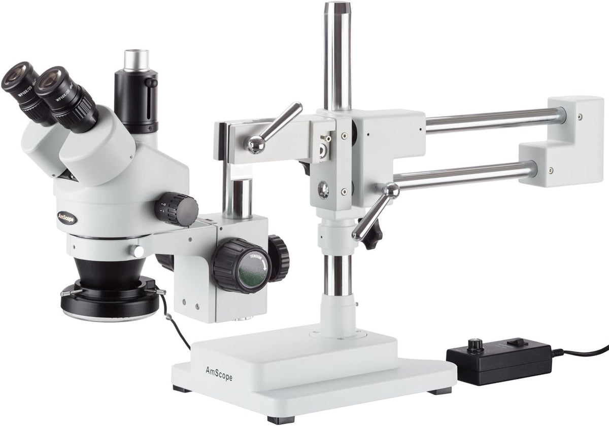 7X-45X Simul-Focal Stereo Zoom Microscope on Dual Arm Boom Stand with 144-LED Ring Light W996