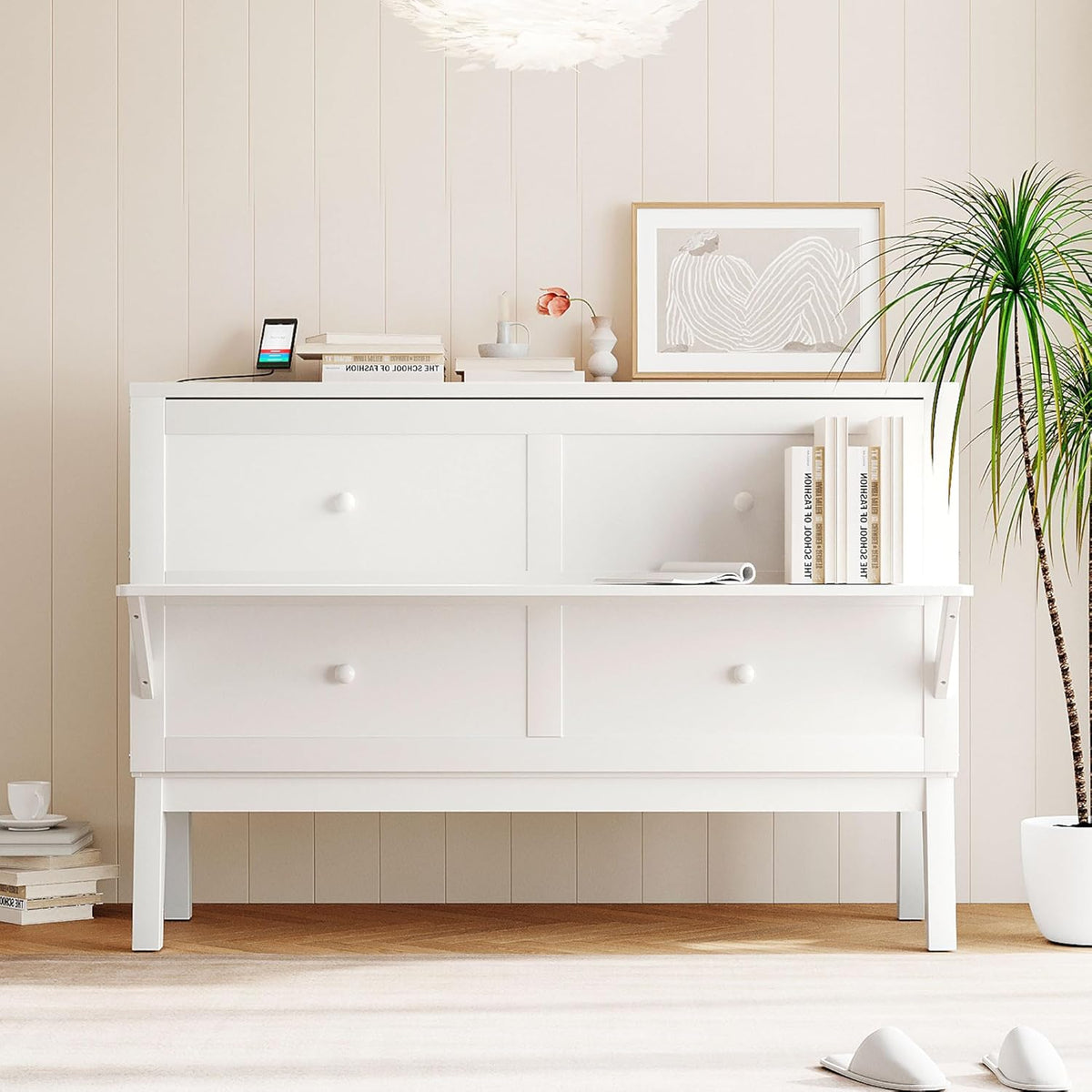 White Queen Size Murphy Bed with Wooden Slat Support T565344