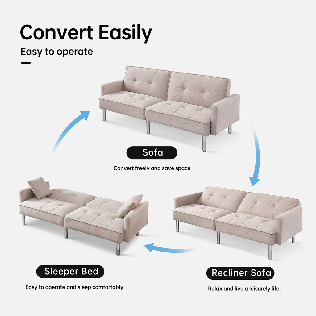 84.6 in. Extra Long Tufted Beige Fabric Futon Adjustable Sofa Bed V24003