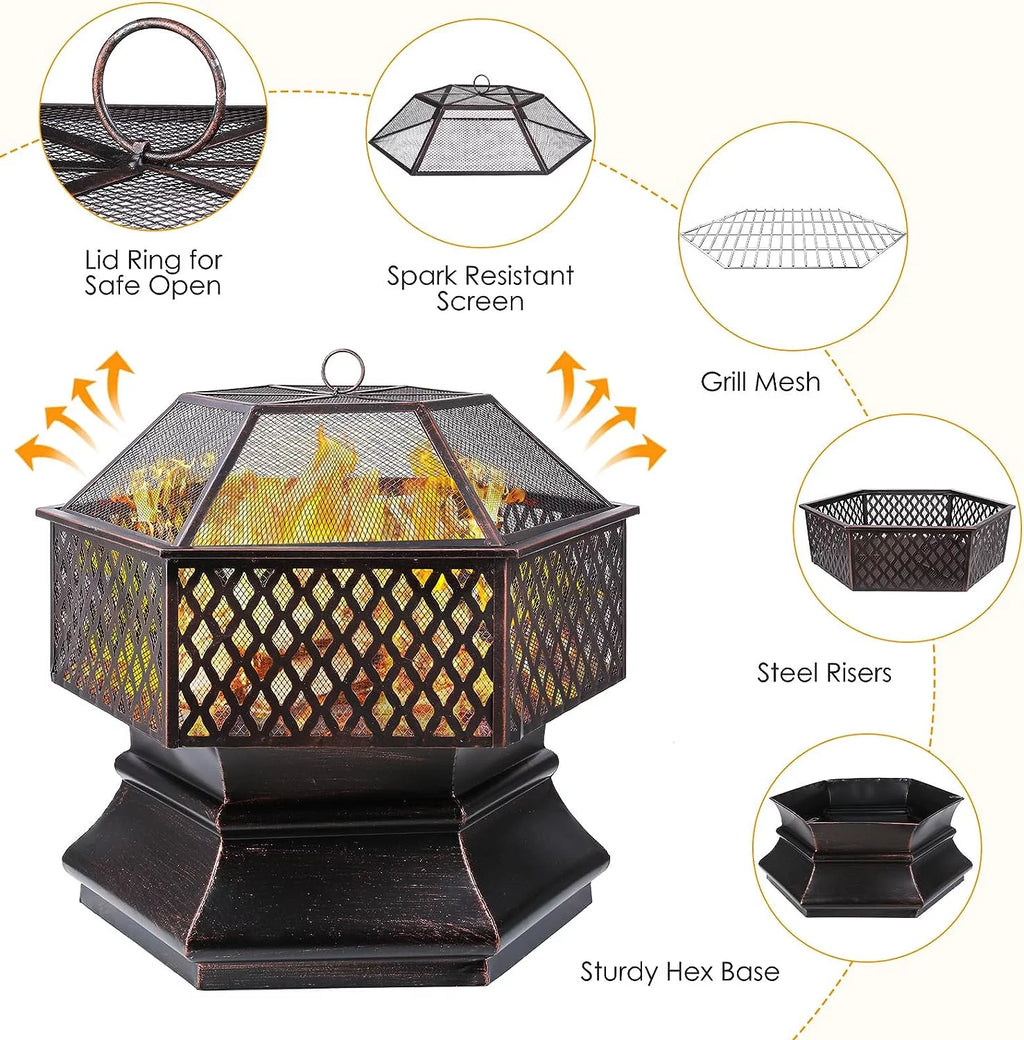 28'' Hex Shaped Steel Wood Burning Fire Pit with Spark Screen & Fire Poker H14804