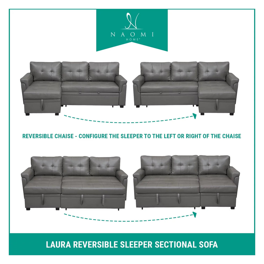 Black Air Leather Reversible Sleeper Sectional Sofa F792917
