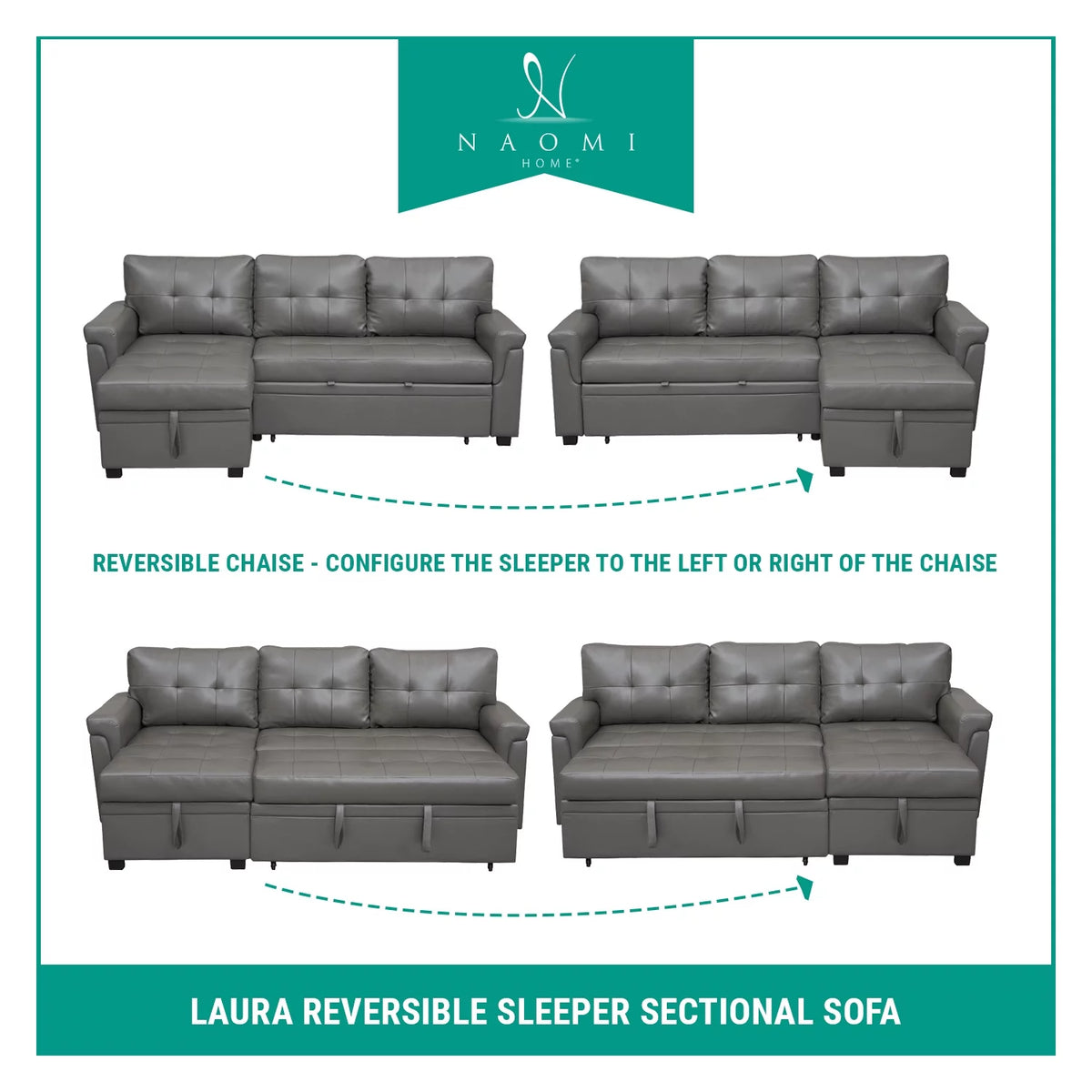 Black Air Leather Reversible Sleeper Sectional Sofa F792917