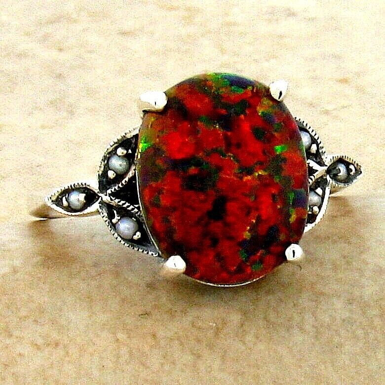 925 Sterling Silver Fire Opal & Pearl Ring J5998