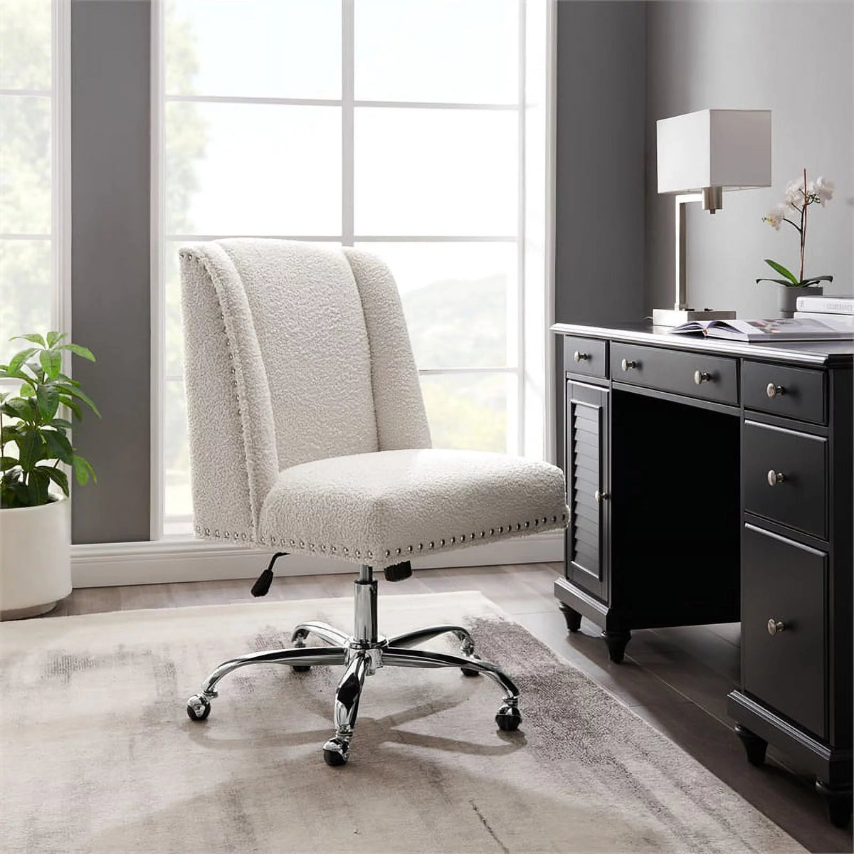 Upholstered Swivel Office Chair in Cream Sherpa V230