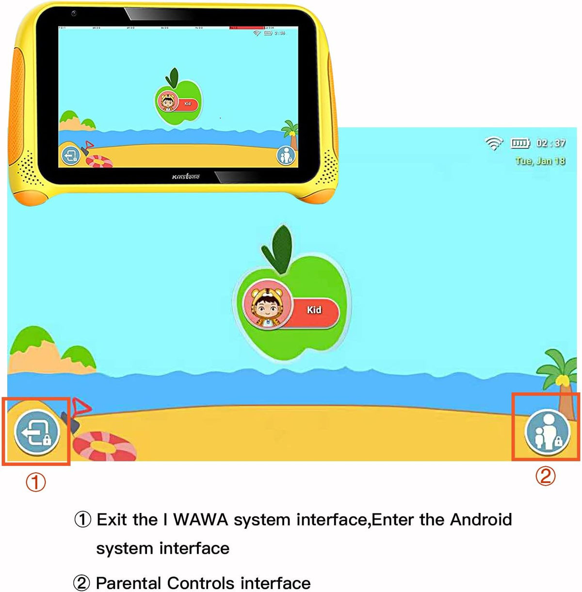 Yellow 7 inch Kids Tablet Android 11 Quad Core 2GB RAM 32GB Dual Camera WiFi Bluetooth Pack of 2 F45438