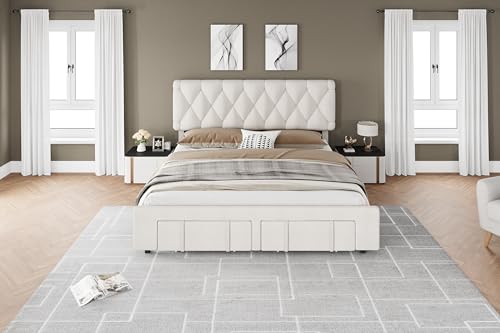 Queen Size Upholstered Platform Bed Frame with Storage Drawers I2343