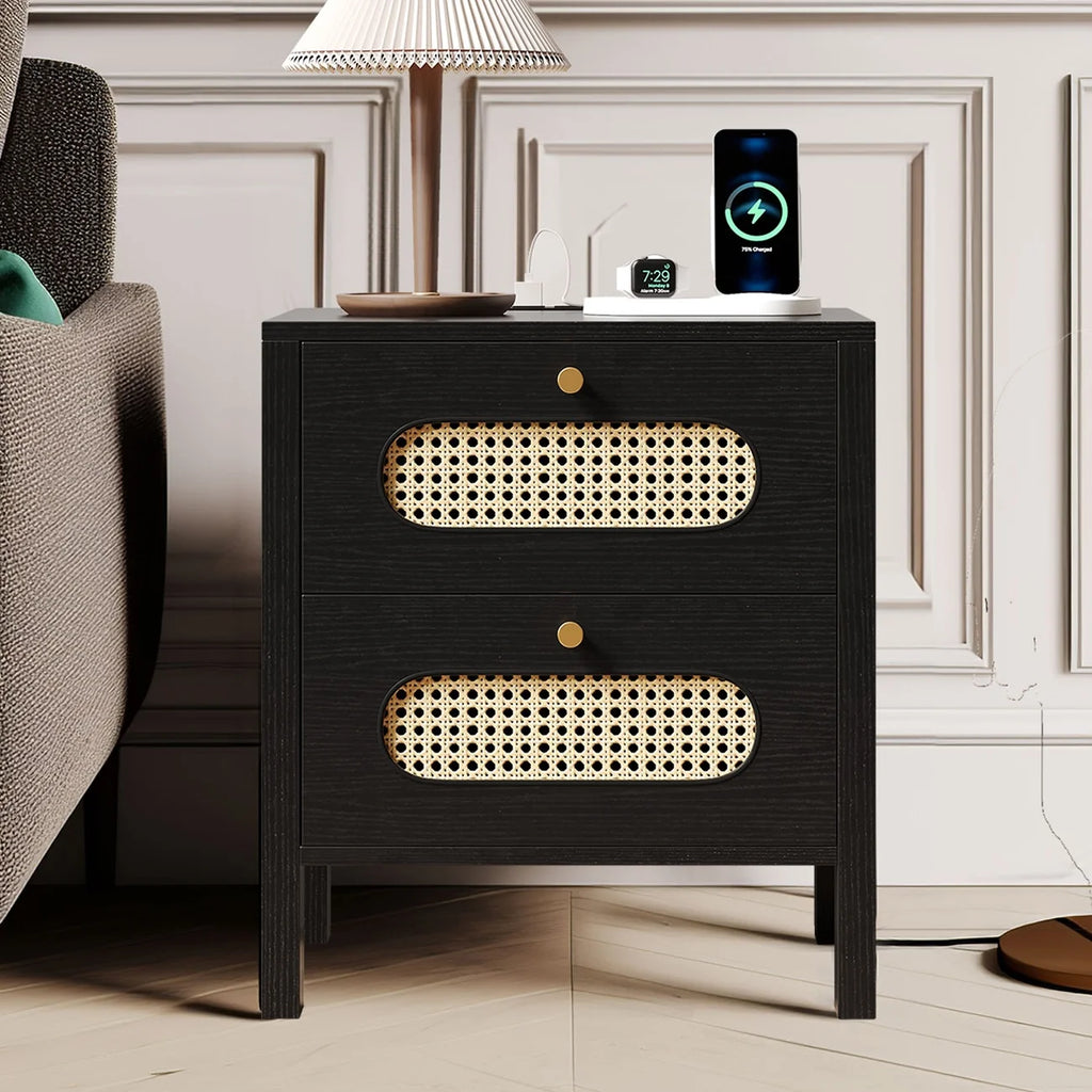 Black Rattan Nightstand with Charging Station Z4028
