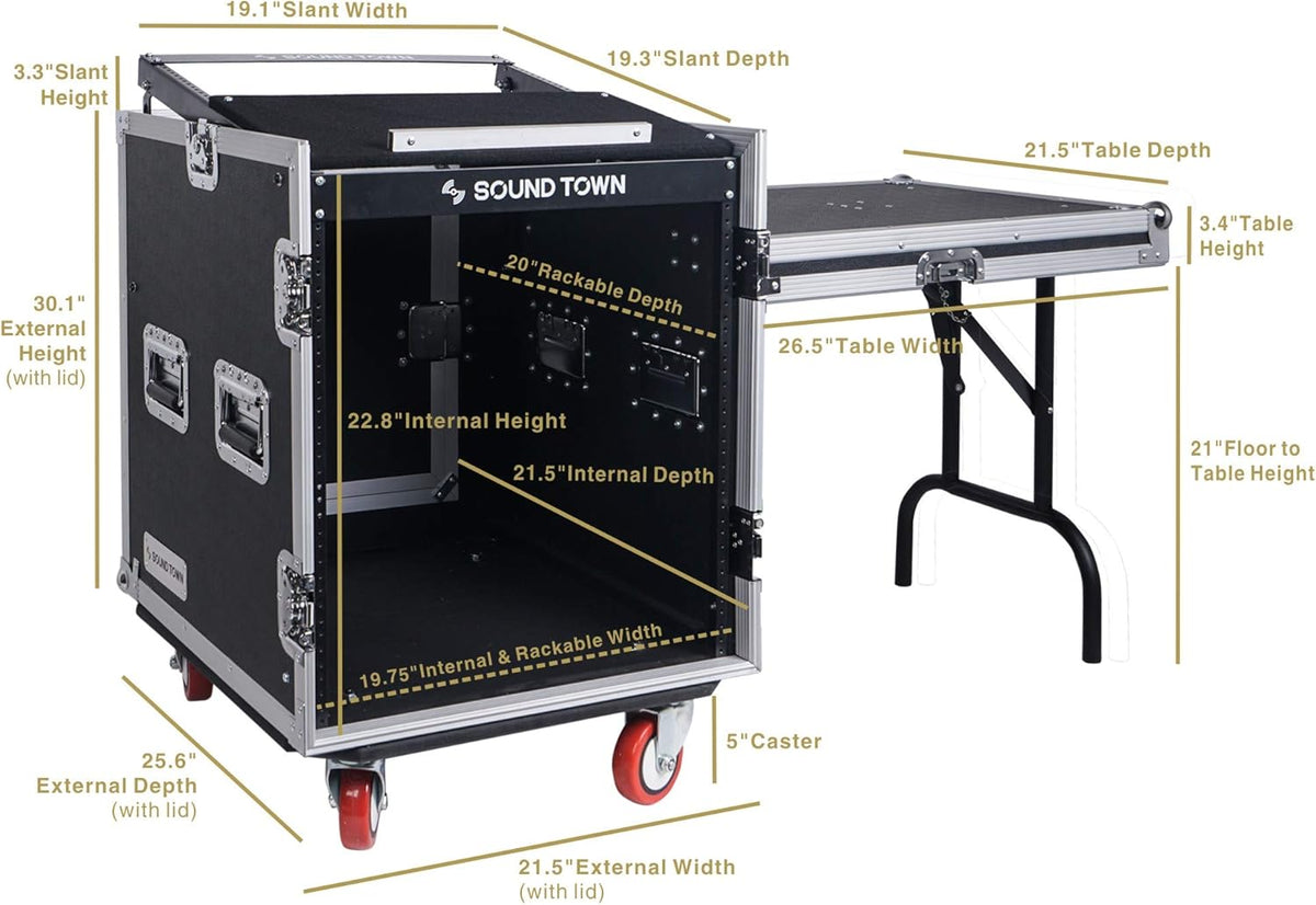 8U PA DJ Pro Audio Rack Road Case with 13U Slant Mixer Top and Casters N839