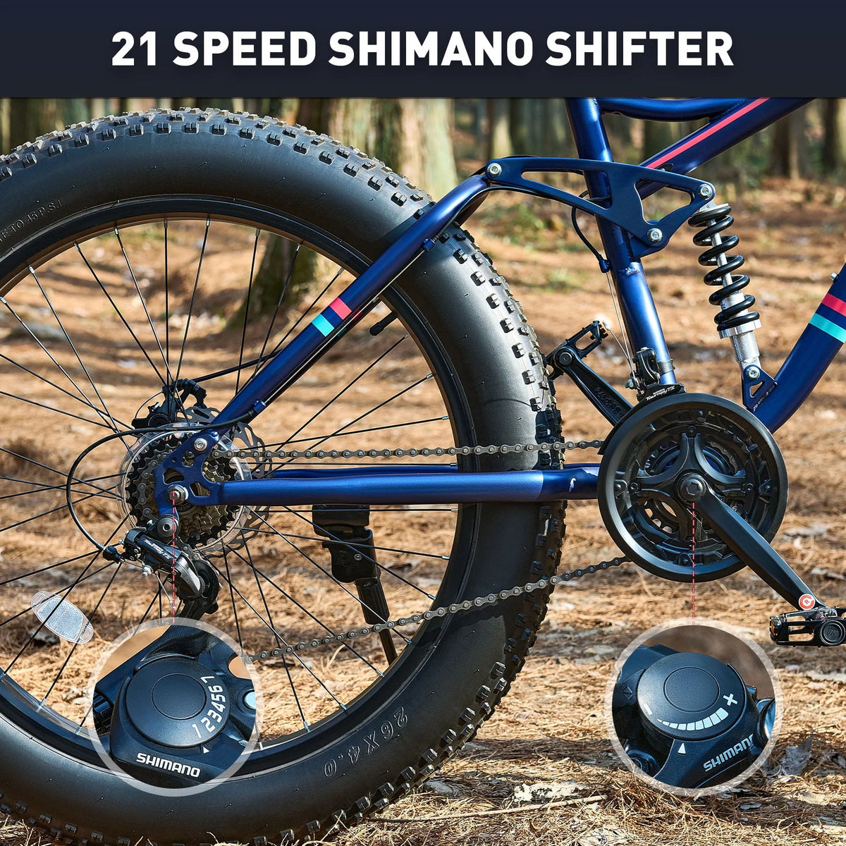 26 Fat Tire Full Suspension Mountain Bike with 21 Speeds Disc Brakes Blue J1055