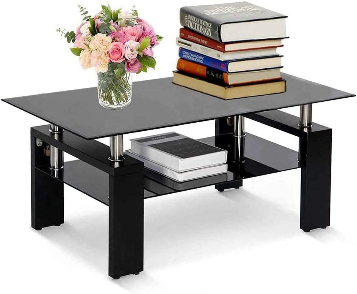 Rectangle Glass Coffee Table with Lower Storage Shelf 2-Tier U7995