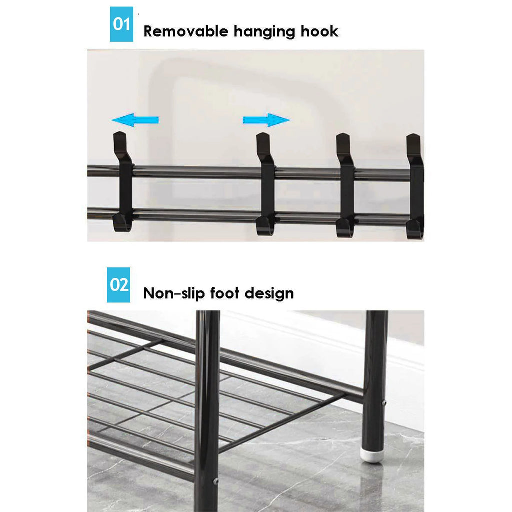 Black Hall Tree with Shoe Storage and 8 Hooks E39803