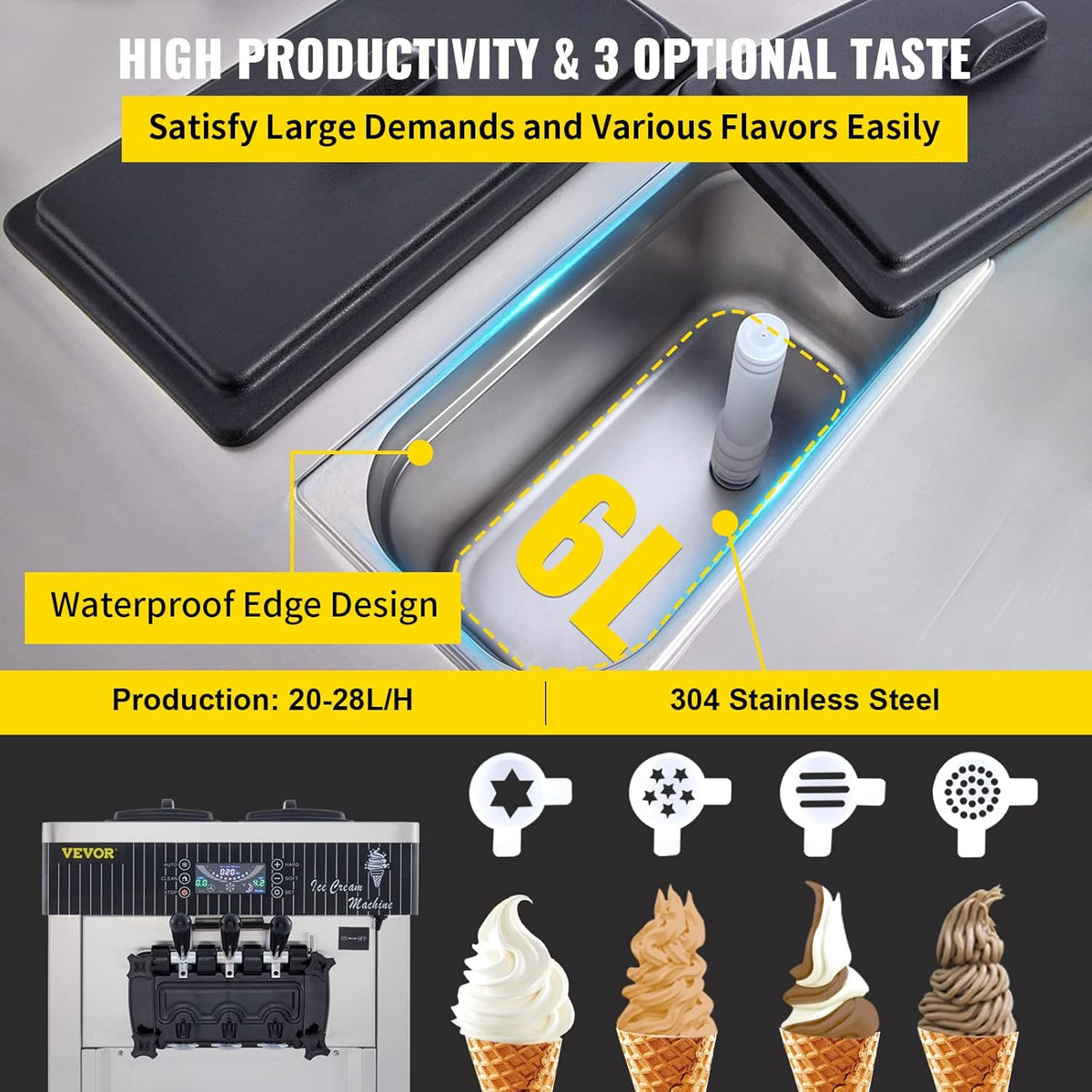 Silver Commercial Ice Cream Machine 5.3 to 7.4Gal per Hour 3 Flavors 2200W F196