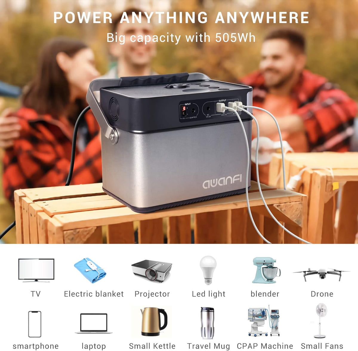 Portable Power Station 500W, 505Wh/140400mAh Pure Sine Wave Solar Generator with 2 AC Outlets, 12V DC, 3 USB, Emergency Light, Lithium Battery V239669