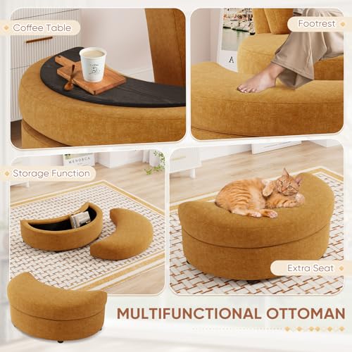 Oversized Orange Chenille Swivel Accent Chair with Storage Ottoman V14264