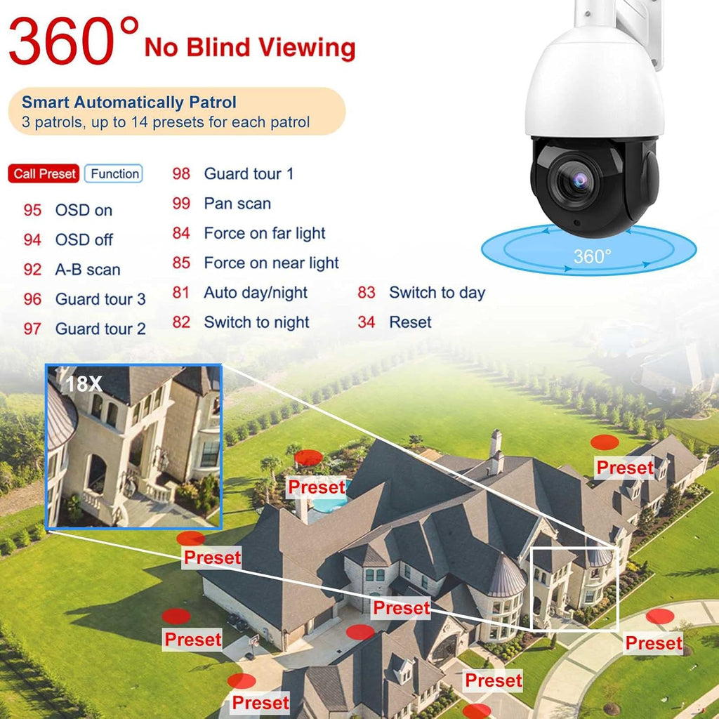 5MP Outdoor PTZ POE Security IP Camera Speed Dome with 18x Optical Zoom Pan Tilt 165ft IR Night Vision Motion Detection IP66 Waterproof G480