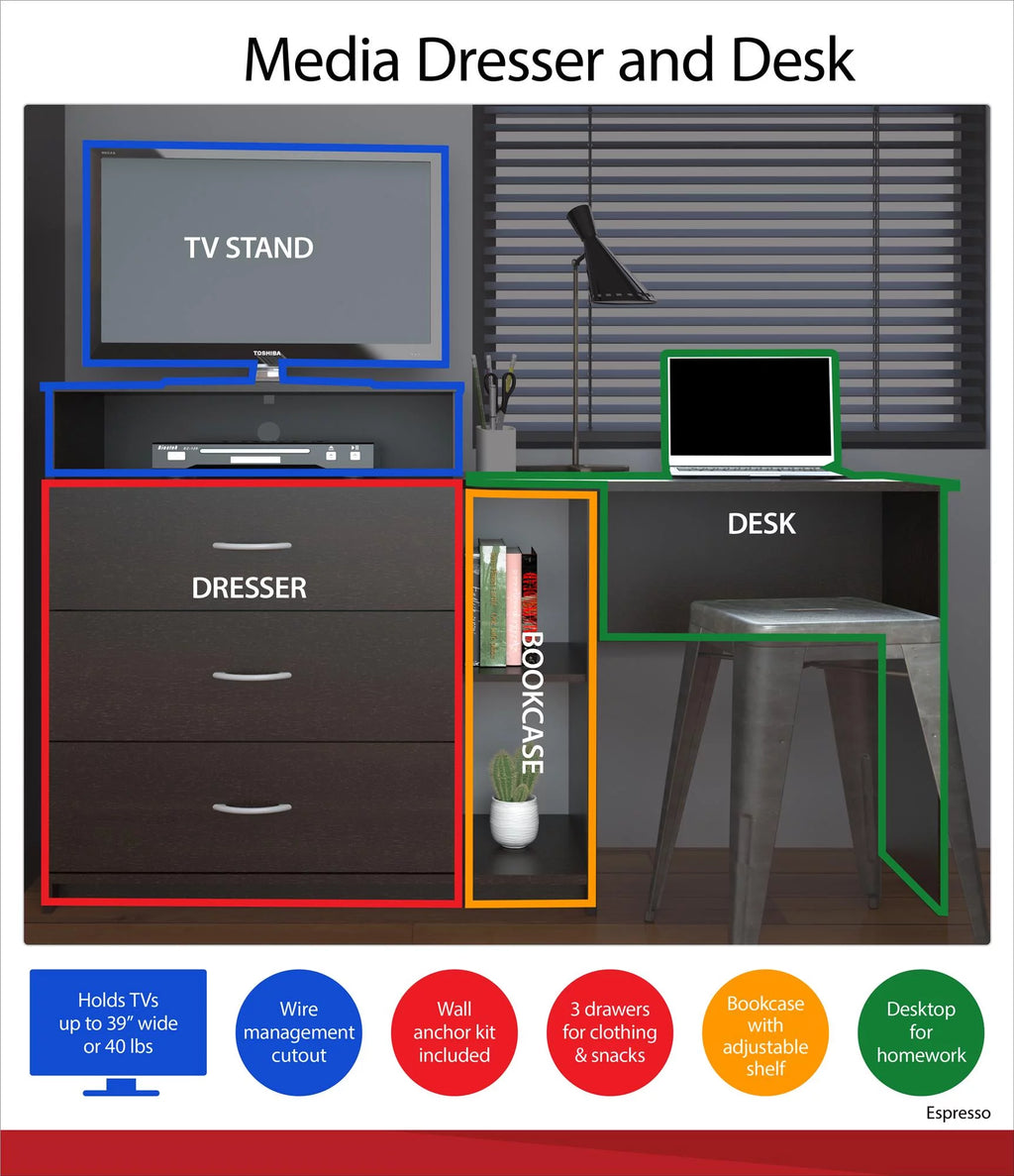 Espresso 3 in 1 Media Dresser and Desk Combo O374