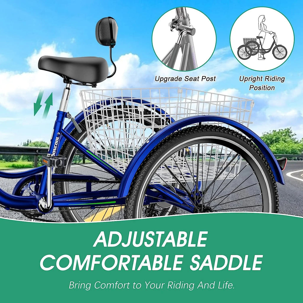 Blue Adult Tricycle 24" 7-Speed with Shopping Basket F8758