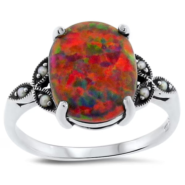 925 Sterling Silver Fire Opal & Pearl Ring J5998