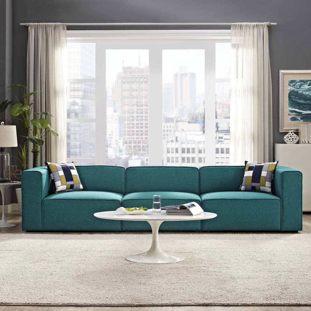 Teal 3 Piece Upholstered Fabric Sectional Sofa Set Z6745