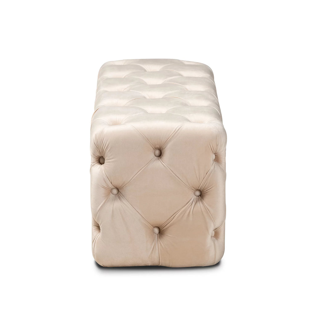 Beige Velvet Button Tufted Bench Ottoman R983