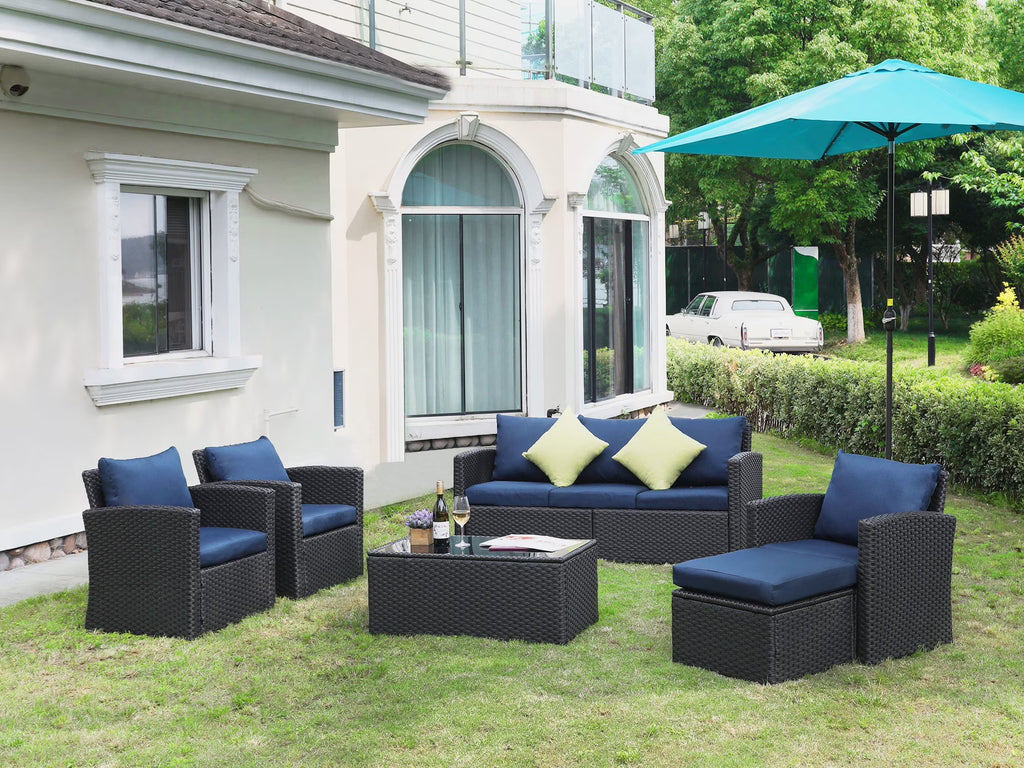Blue 8 Pcs Wicker Patio Conversation Set with Coffee Table and Ottoman L359