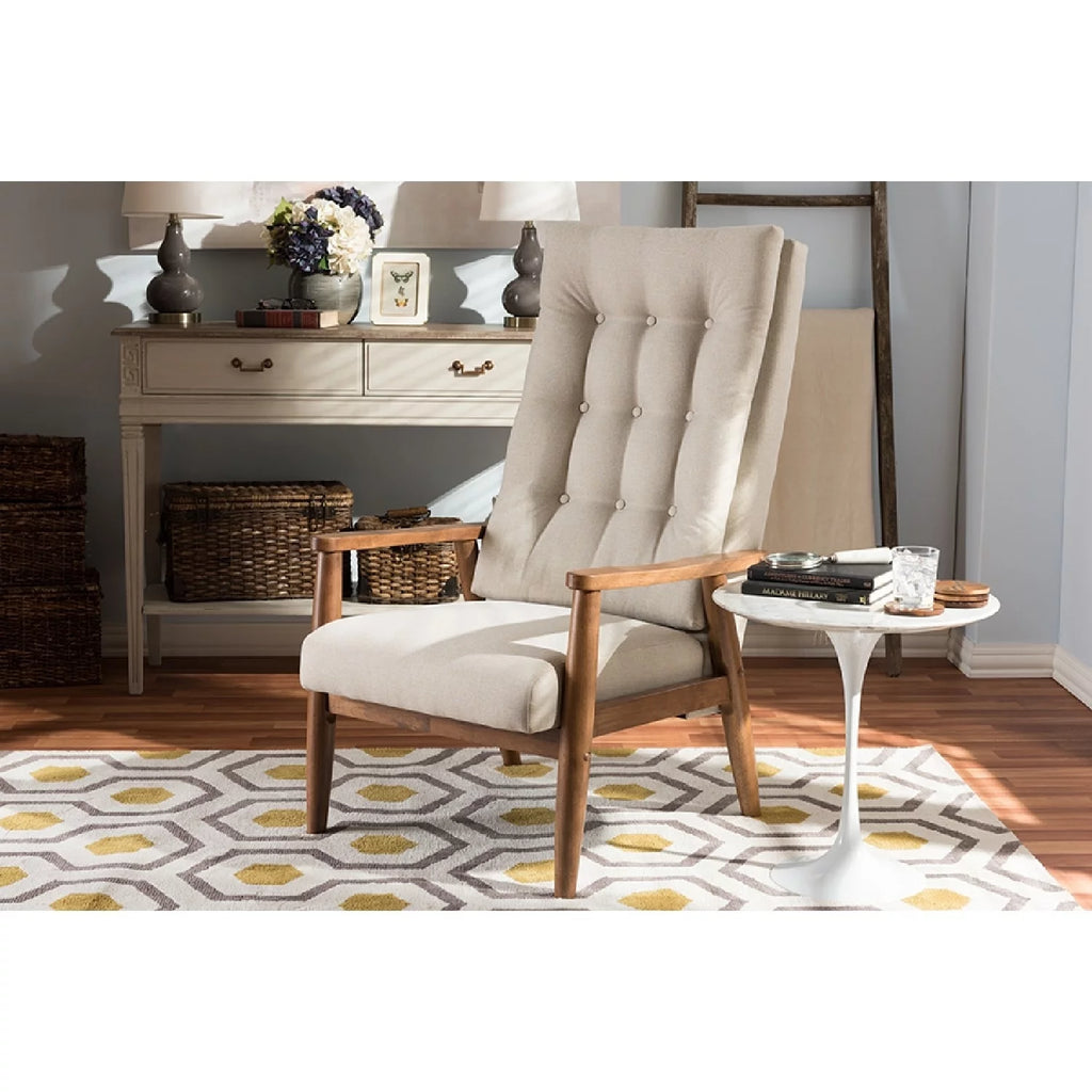 Walnut Brown Wood and Light Beige Fabric Upholstered S691