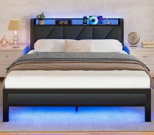 Full Bed Frame with LED Lights and Charging Station N504