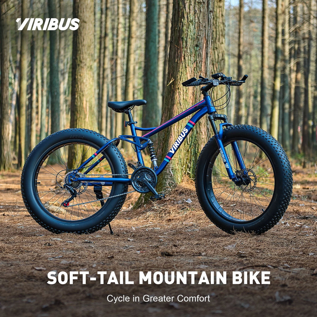 26 Fat Tire Full Suspension Mountain Bike with 21 Speeds Disc Brakes Blue J1055