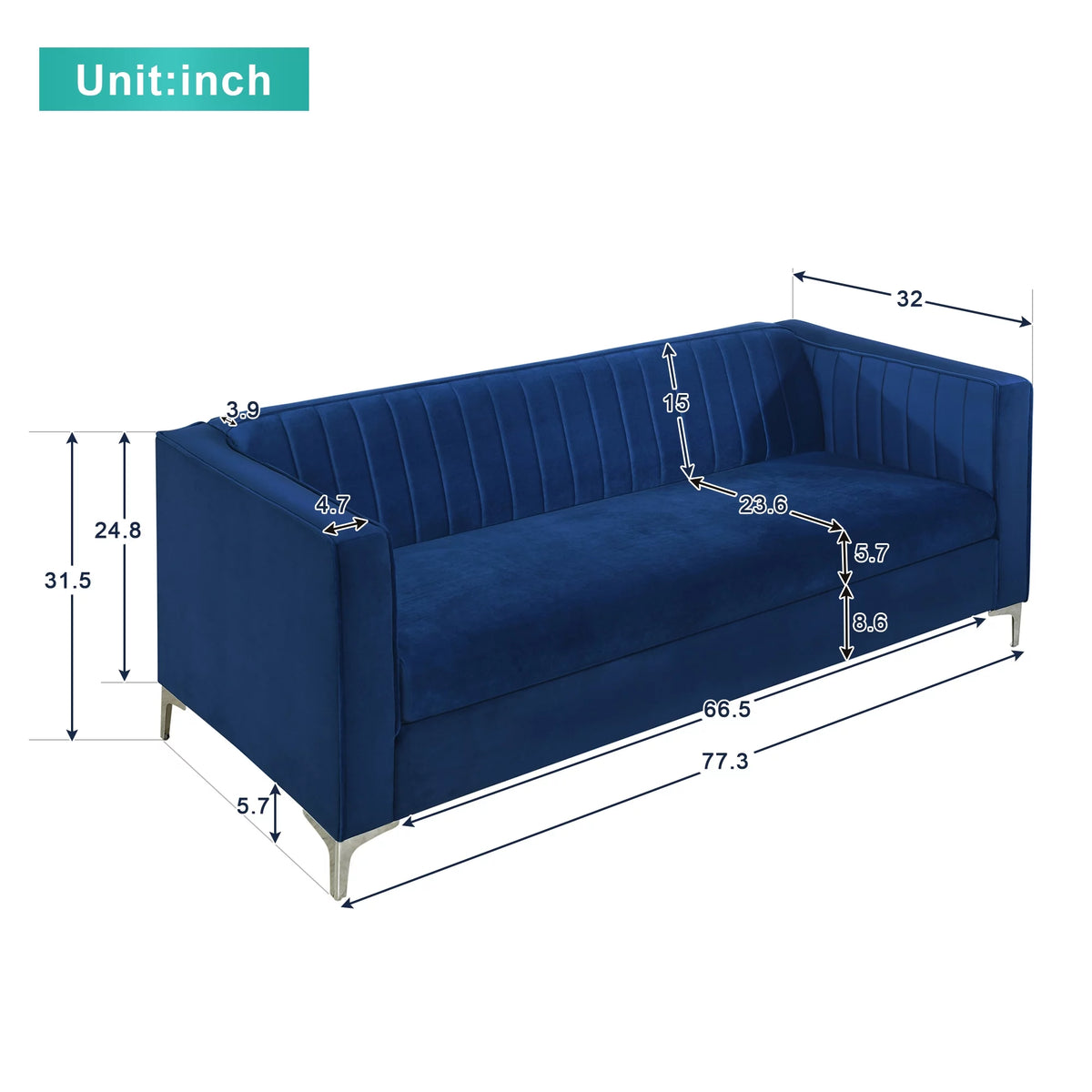 Blue Velvet Loveseat Sofa with Metal Legs Y90582