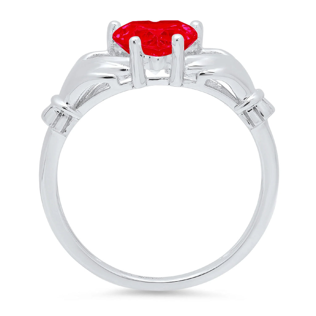 1.06ct Heart Cut Red Simulated Ruby 18k White Gold Claddagh Ring Size 3.5 A233223