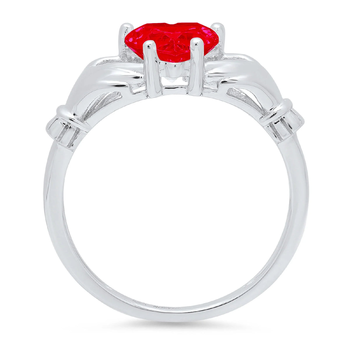 1.06ct Heart Cut Red Simulated Ruby 18k White Gold Claddagh Ring Size 3.5 A233223