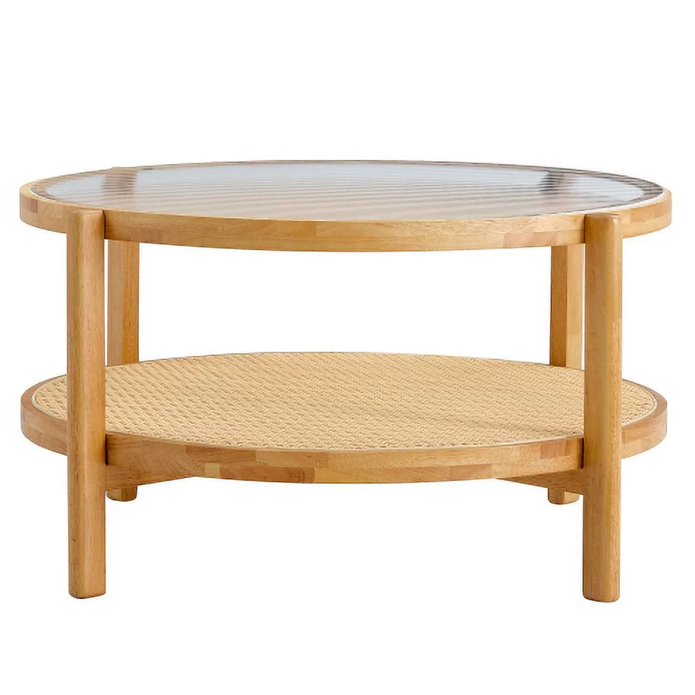 Round 2-Tier Glass Coffee Table with Solid Wood Legs N8785