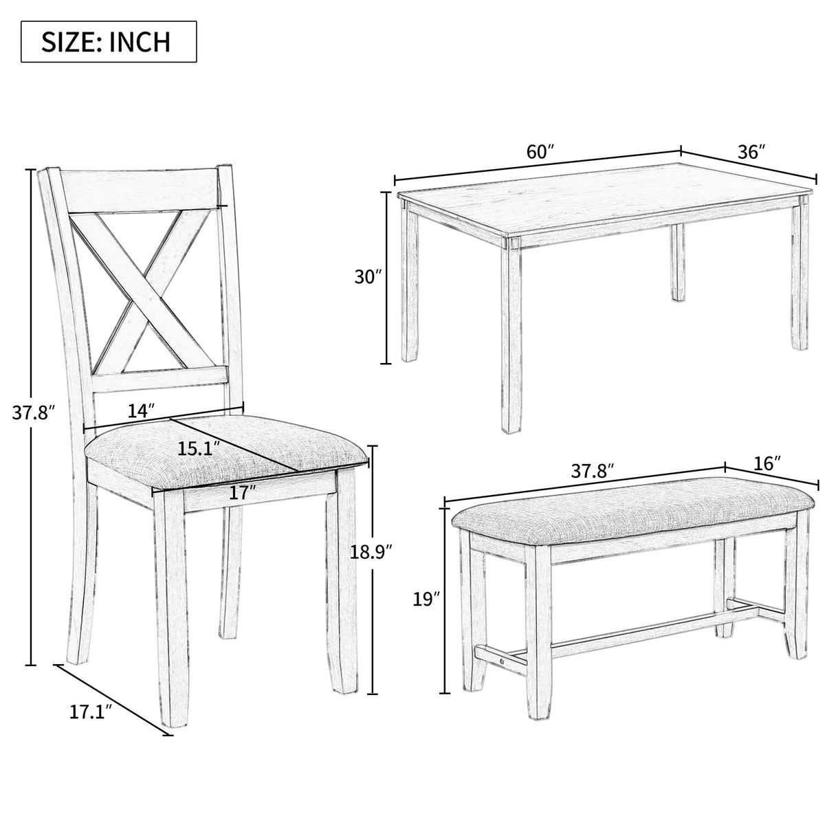 Gray 6-Piece Wooden Dining Table Set with Bench Y72773