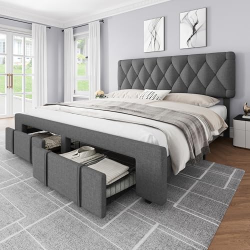 Queen Size Upholstered Platform Bed Frame with Storage Drawers I2343