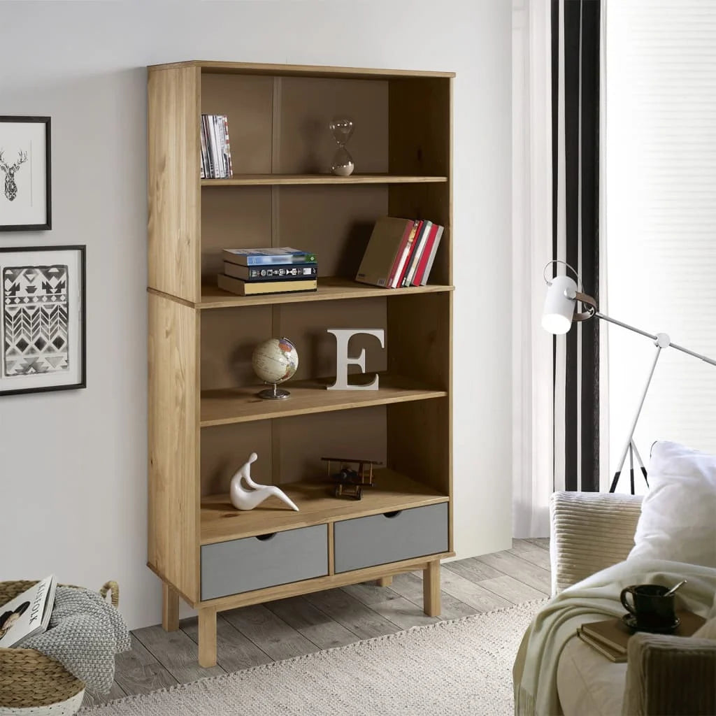 Brown and Gray Solid Wood Pine Bookcase with 2 Drawers R531345