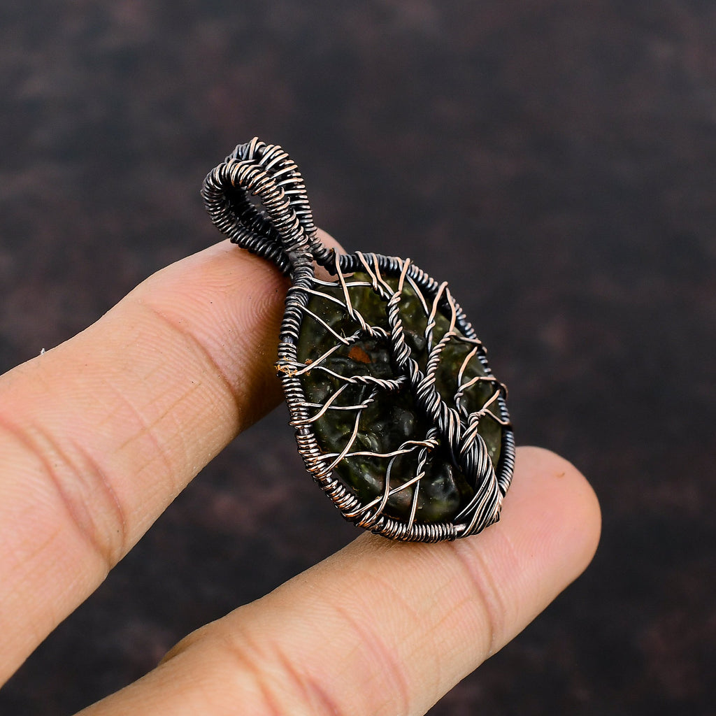 Copper Wire Wrapped Moldavite Pendant A6923