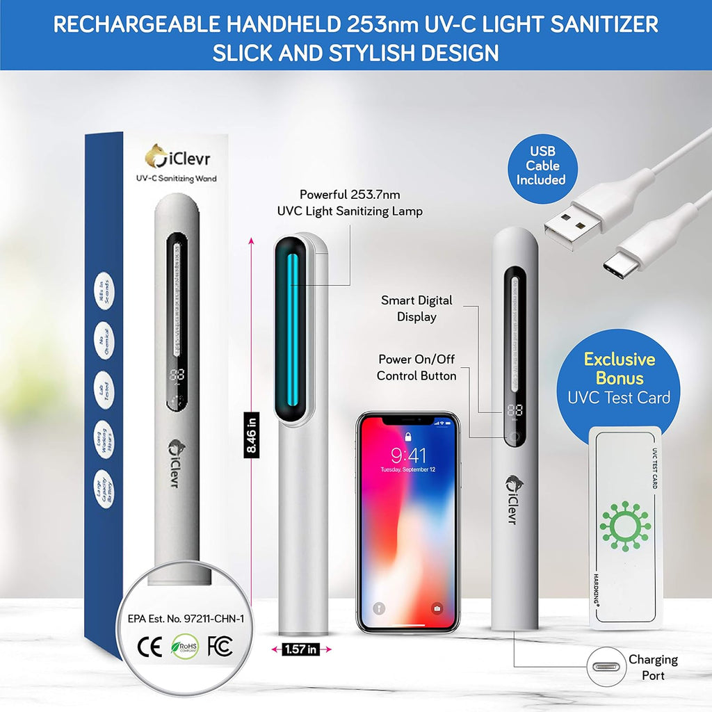 UV-C Light Sanitizer Wand, 253nm UV Sterilizer Rechargeable Handheld Ultraviolet Portable, UVC Test Card Included G576