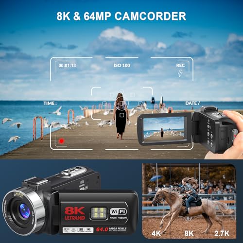 8K Video Camera Camcorder, 64MP IR Night Vision Vlogging Camera, 18X Zoom WiFi Digital Touch Screen Camcorder with 32G SD Card R6448