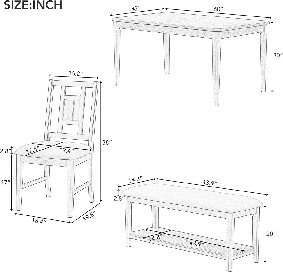 6-Piece Dining Table Set with 4 Upholstered Chairs and 1 Bench, Solid Wood, Dark Gray L330128