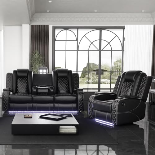 Black Leather Recliner Sofa Set with LED Light V801259