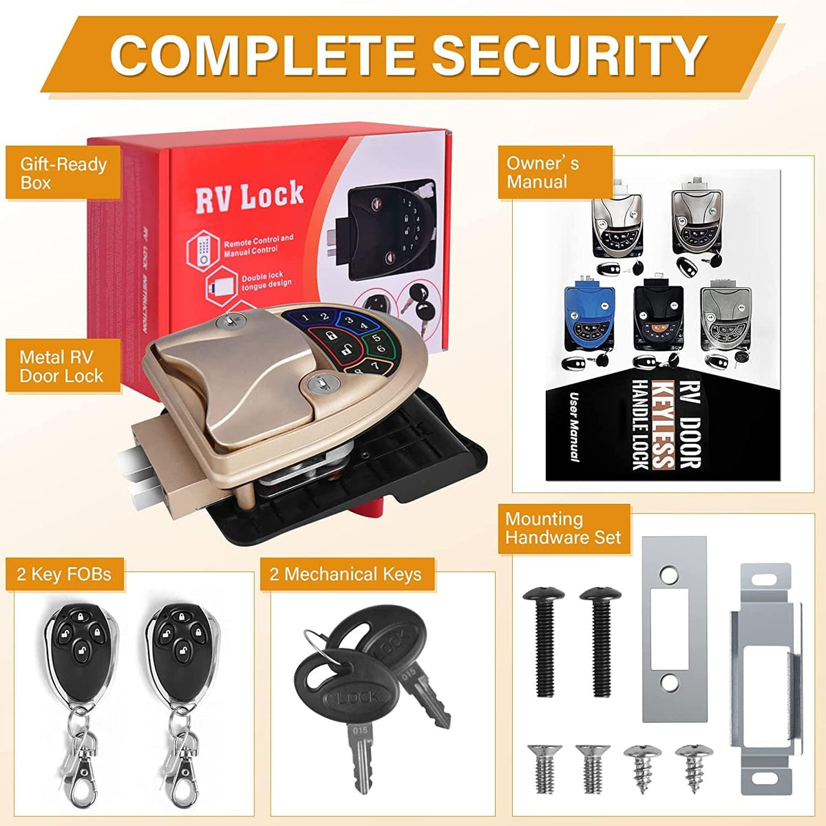 Waterproof Keyless RV Door Lock with Backlit Keypad and 2 Fobs and Key for 2.75 x 3.75 Lock Hole T756