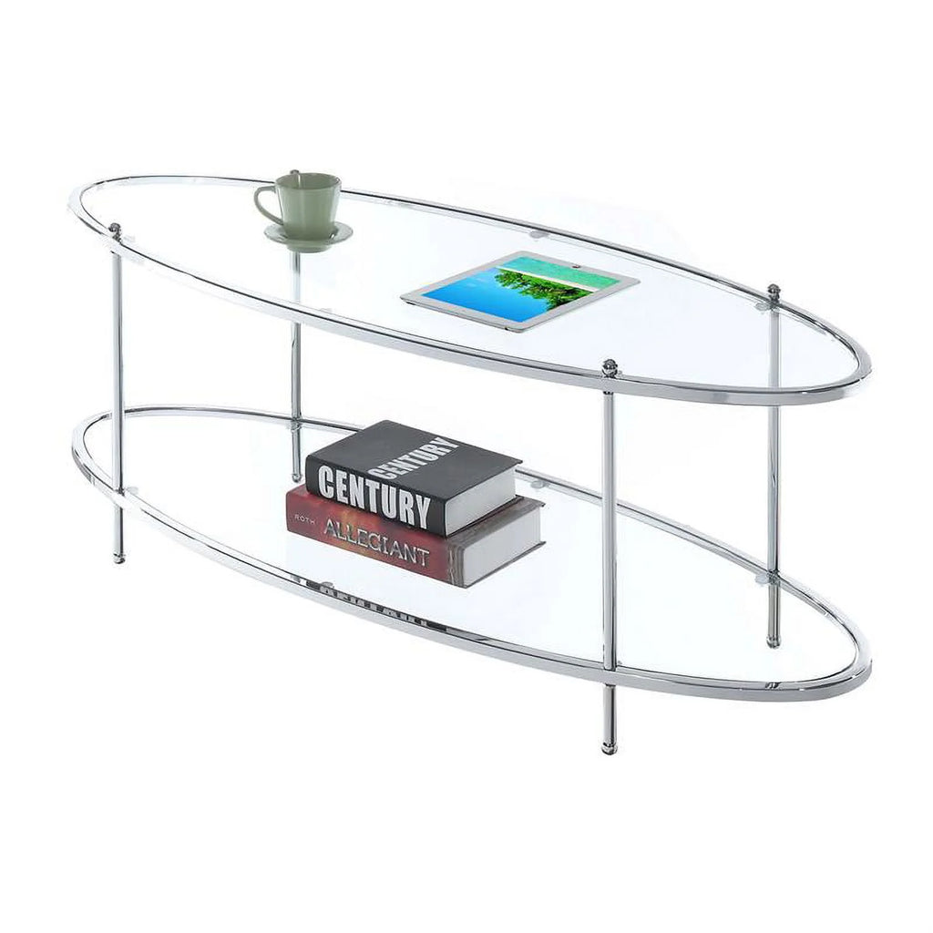 Oval Clear Glass and Chrome Metal Coffee Table J3940