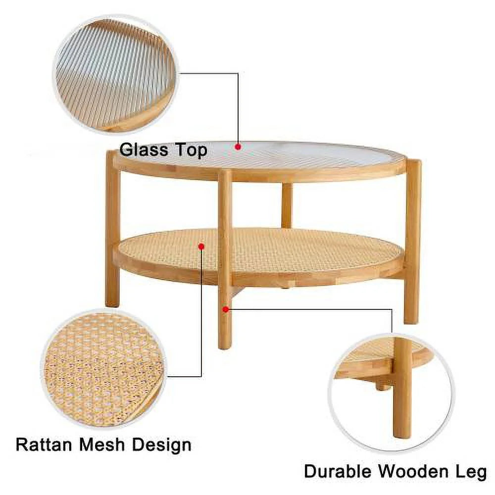 Round 2-Tier Glass Coffee Table with Solid Wood Legs N8785