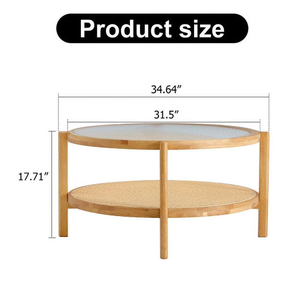 Round 2-Tier Glass Coffee Table with Solid Wood Legs N8785